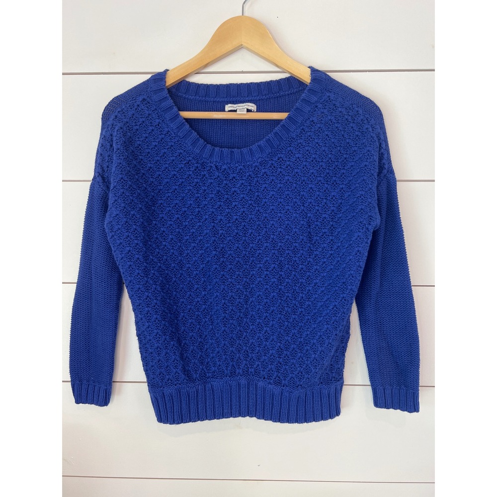 American Eagle Blue Cotton Knit Sweater XS Pointelle Scoop Neck Long Sleeve
